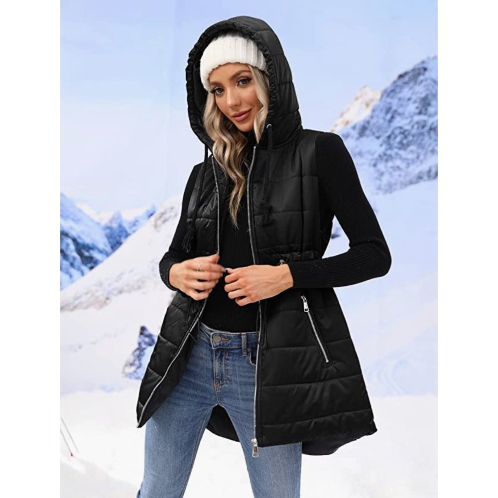 Black Quilted Puffer Hooded Zip Up Long Midi Vest Jacket Gilet Coat - Picture 3 of 7
